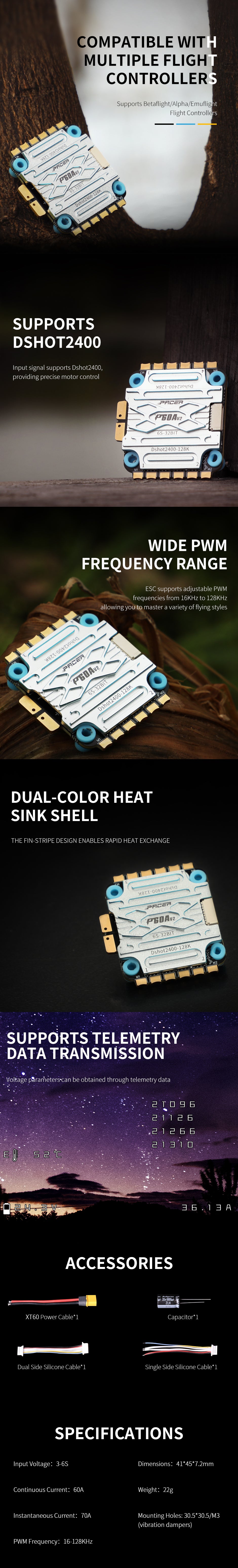 T-Motor P60A V2 3 - 6S 4 - in - 1 BLHeli_32 128K ESC with Dshot2400, 30.5x30.5 Mounting