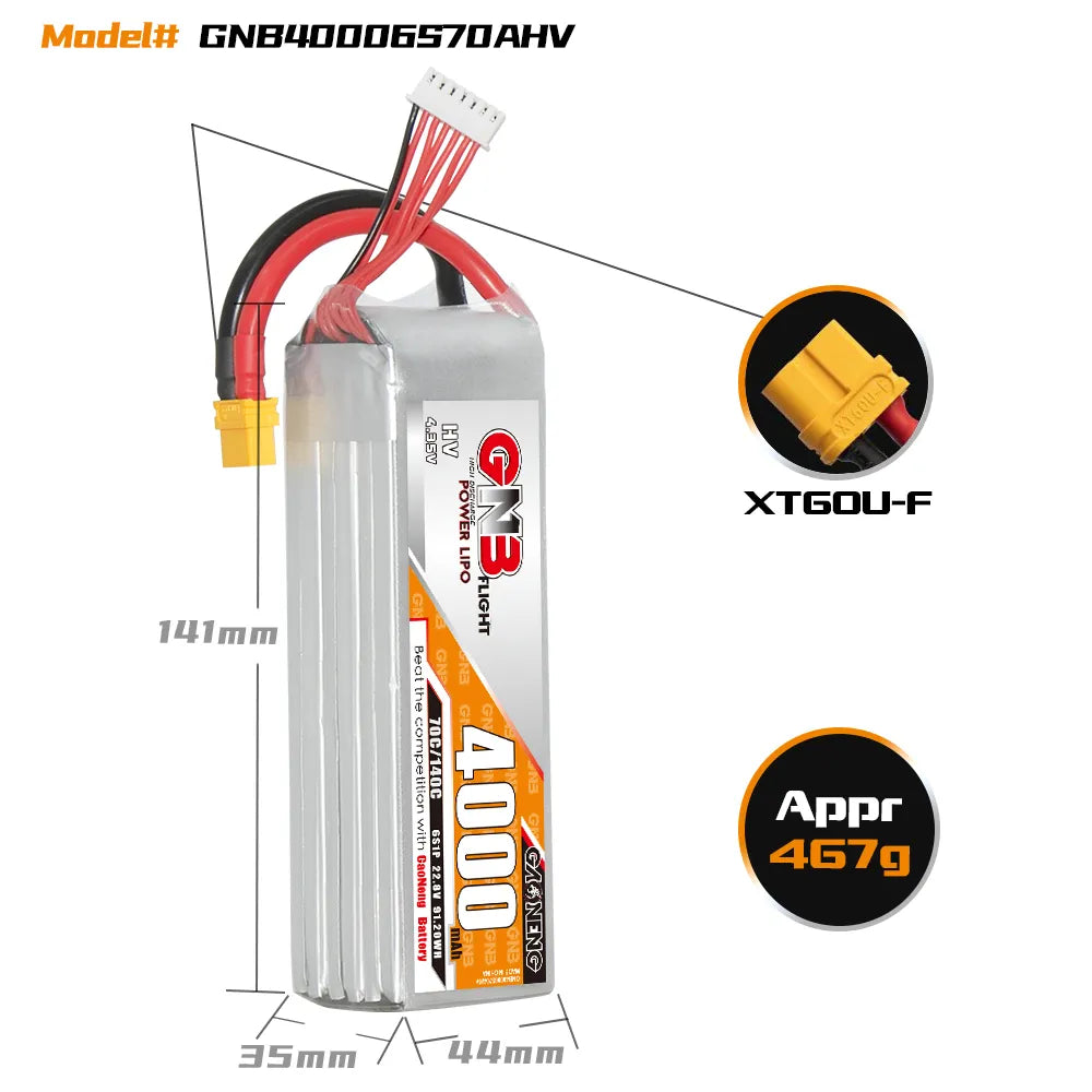Hot Sale GAONENG GNB 6S 22.8V 4000mAh 70C LiPo RC Battery with XT60 Connector