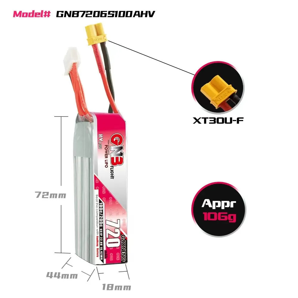 GAONENG GNB 6S 22.8V 720mAh 100C XT30 LiPo Battery - Long Type, Ideal for Drones [DG]