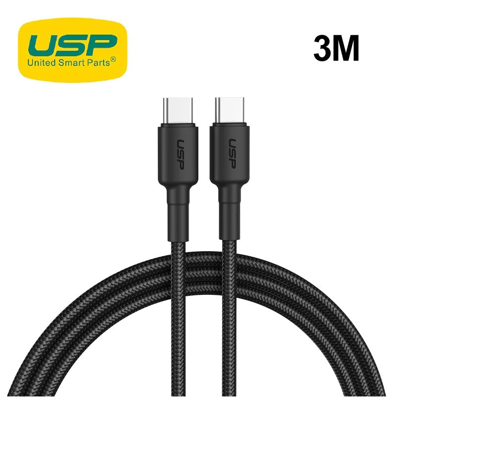 Hot Deal! USP BoostUp 3M Black USB-C to USB-C Cable - 3A Fast Charge, Durable Nylon Braided