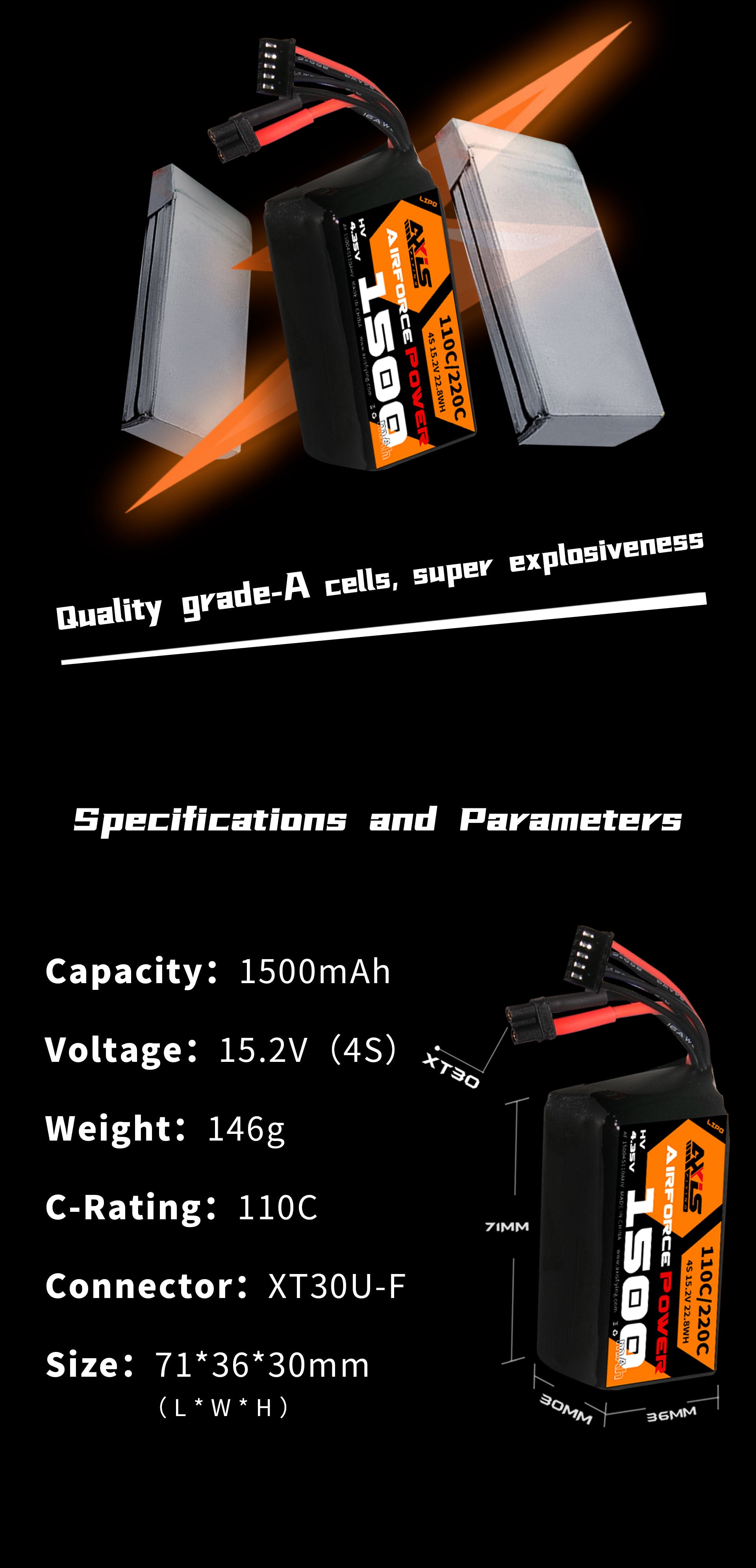 GNB Airforce Pro 1500mAh 4S 110C XT30 LiPo Battery by Axisflying