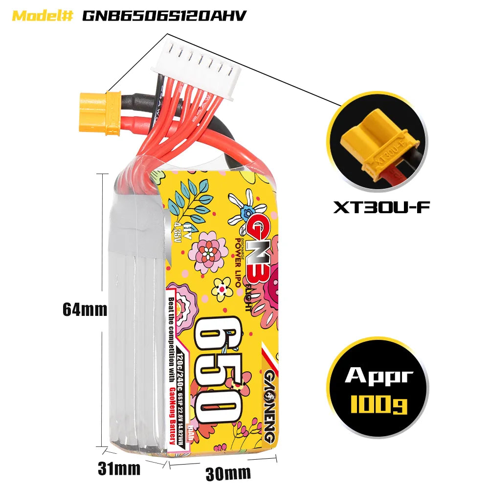 GAONENG High - Performance 6S 22.8V 650mAh 120C XT30 LiHV LiPo Battery