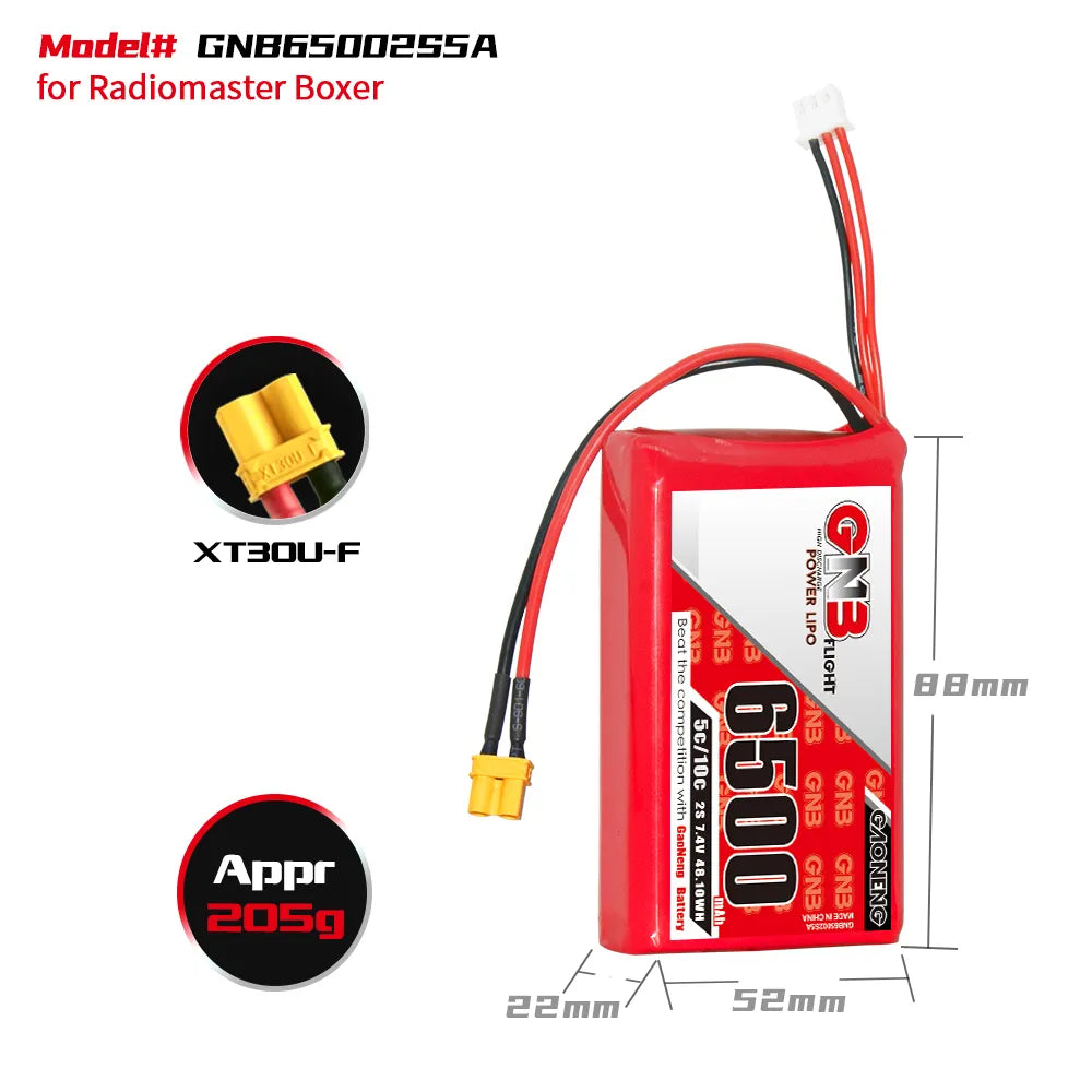 GAONENG GNB 6500mAh 2S 7.4V 5C LiPo Battery with XT30 Connector for Boxer/TX16S