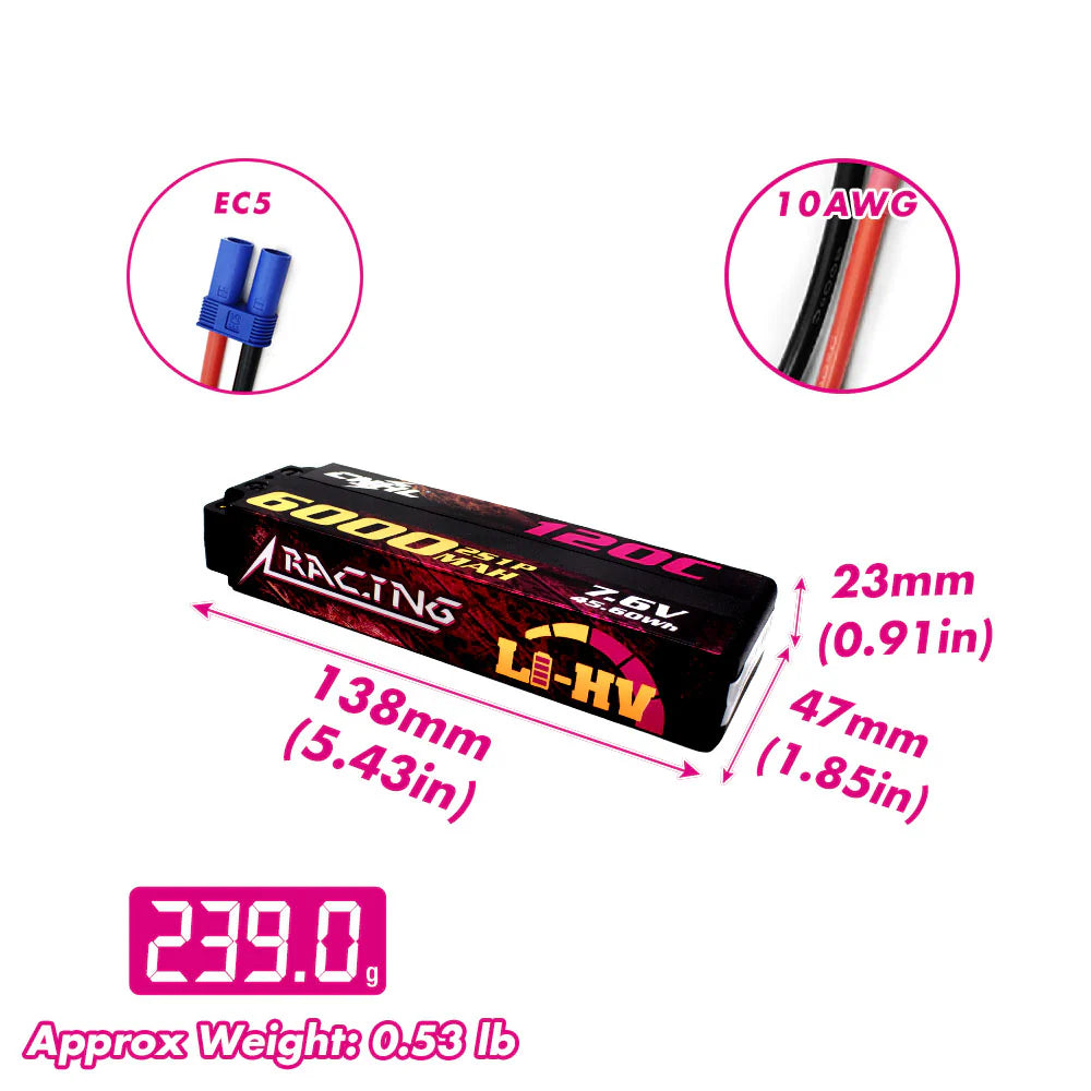 Hot Sale! CNHL Racing Series 6000mAh 7.6V 2S 120C HV Hard Case LiHV Lipo Battery with EC5 for RC Racing