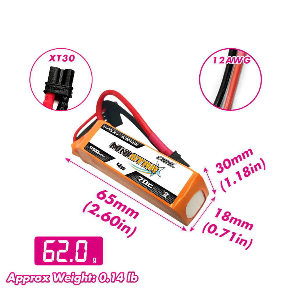 CNHL MiniStar 3-Pack 450mAh 15.2V 4S 70C LiHV Lipo Battery with XT30
