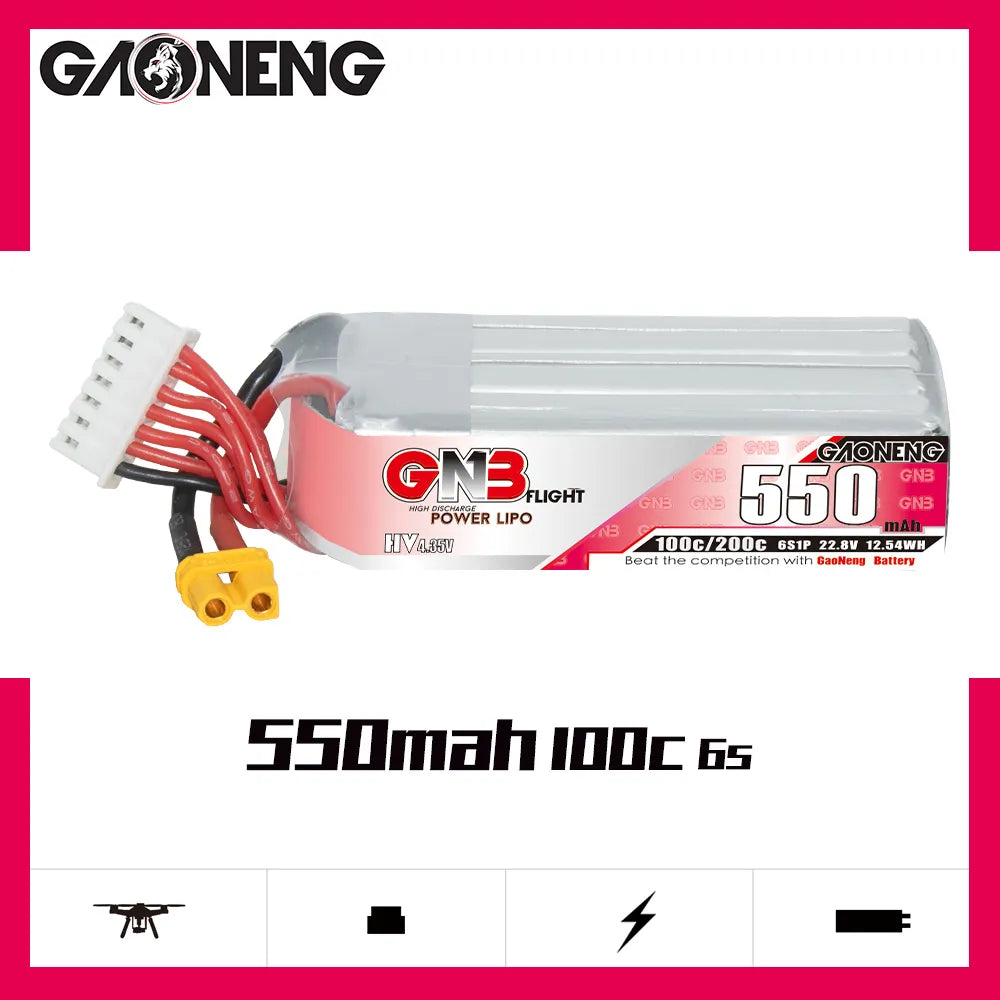 GAONENG GNB 6S 22.8V 550mAh 100C XT30 Long LiPo Battery for Drones