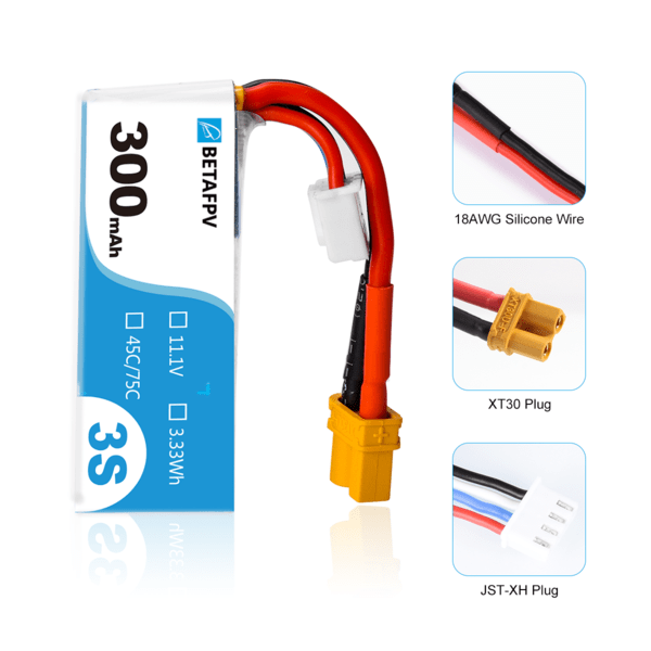 Hot Deal! BetaFPV 300mAh 3S 45C Lipo Battery for Carbon Fiber Drones like Toothpick