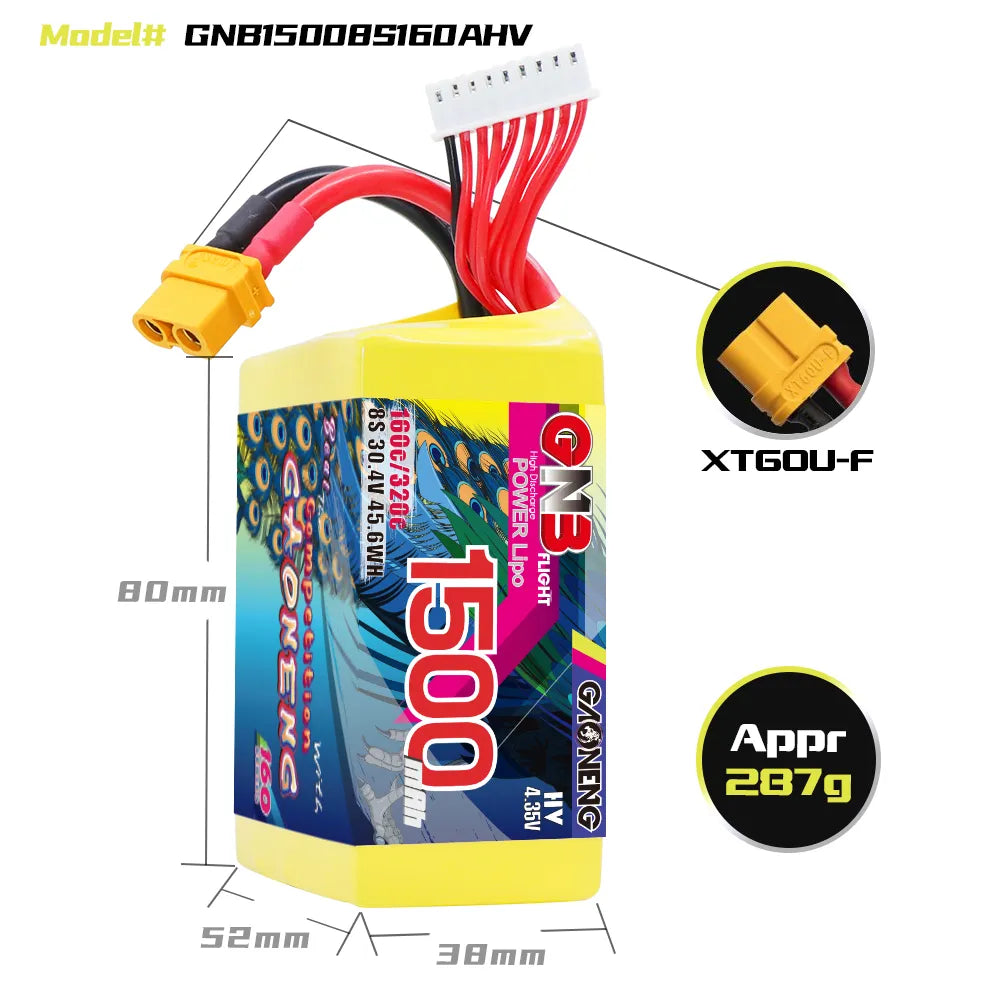 GAONENG High - Performance 8S 30.4V 1500mAh 160C XT60 LiPo Graphene Battery for FPV Drones & More