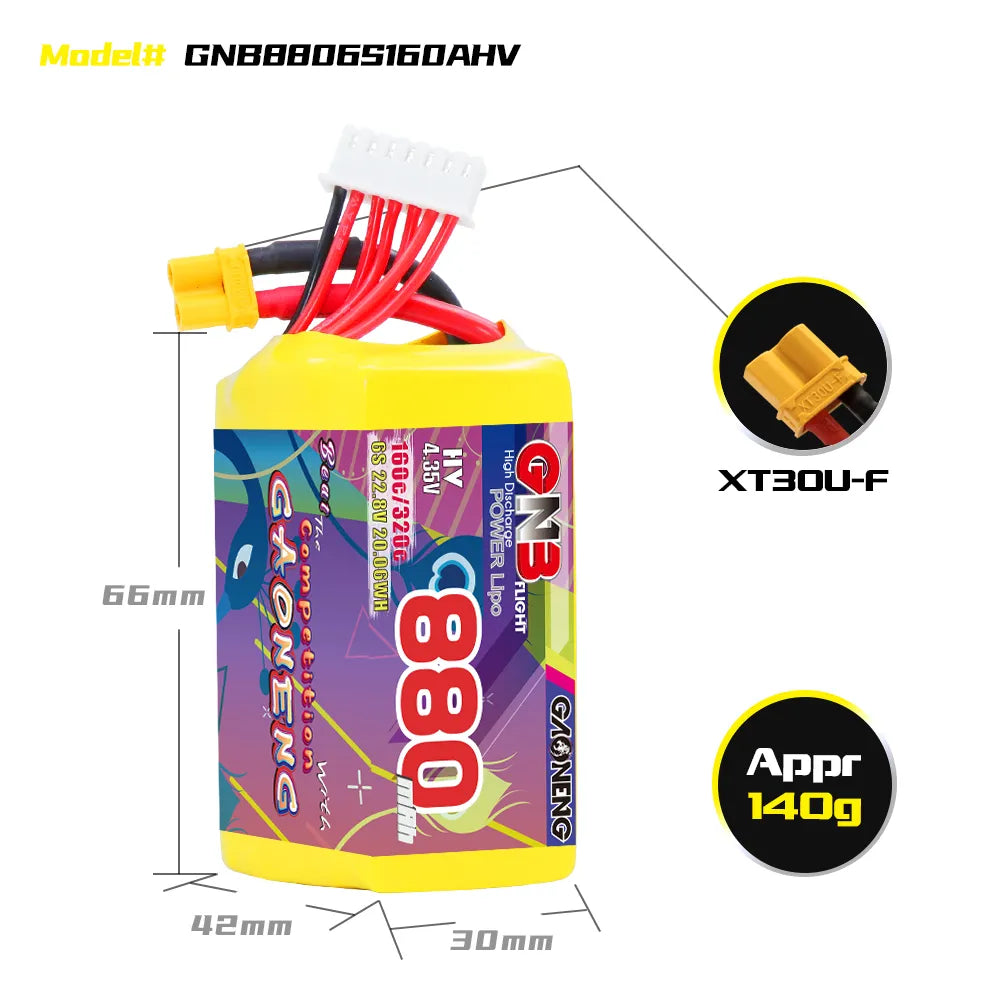 Hot Sale GAONENG 6S 22.8V 880mAh 160C LiPo Battery with XT30 Connector