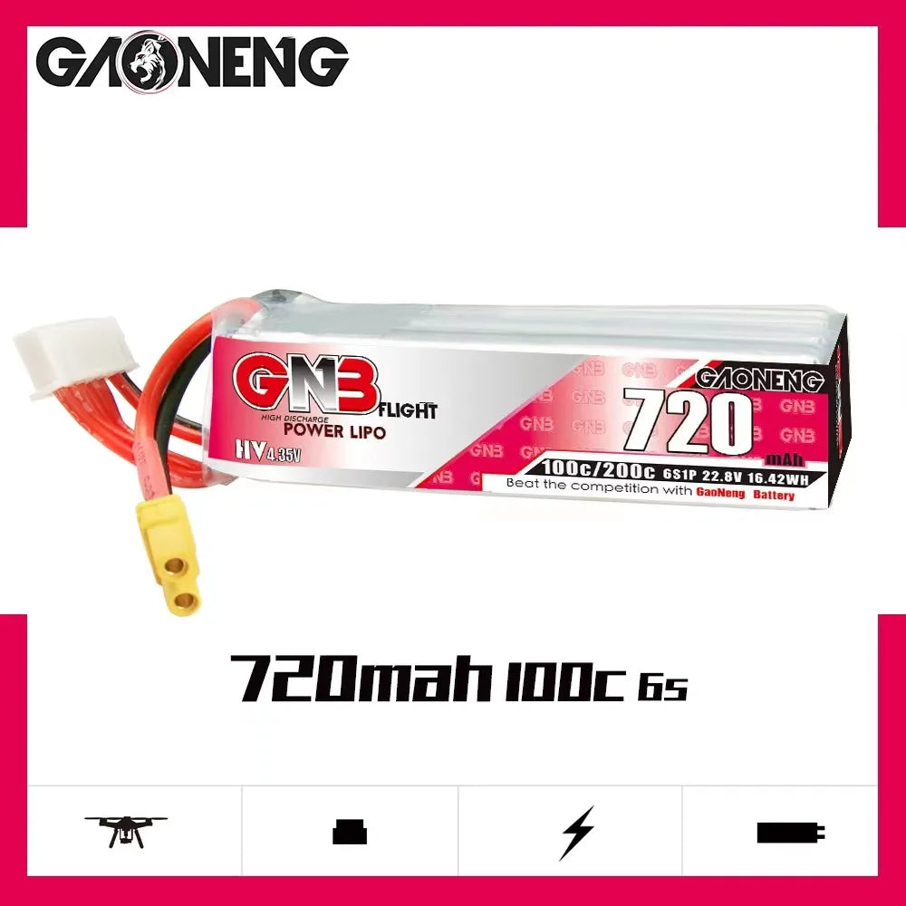GAONENG GNB 6S 22.8V 720mAh 100C XT30 LiPo Battery - Long Type, Ideal for Drones [DG]
