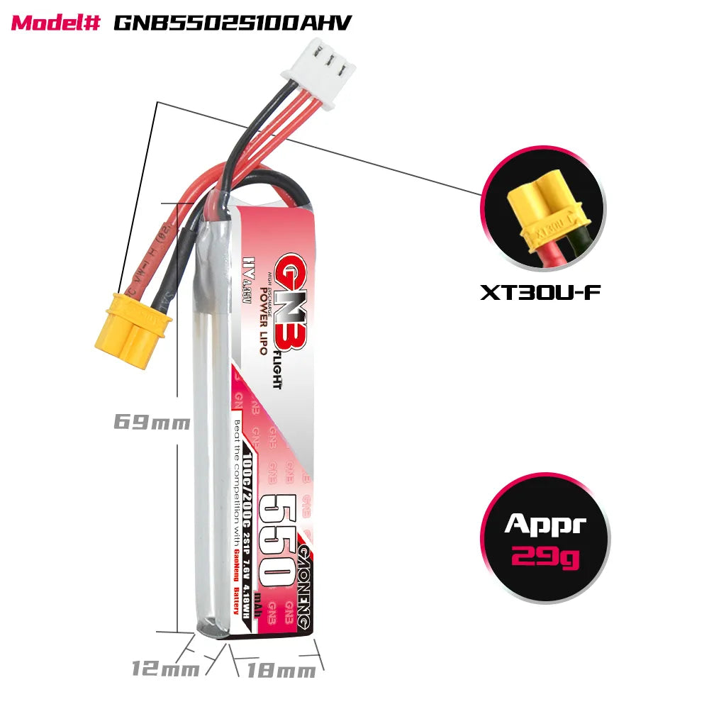 GAONENG GNB 2S 7.6V 550mAh 100C XT30 Long LiHV LiPo Battery [DG]
