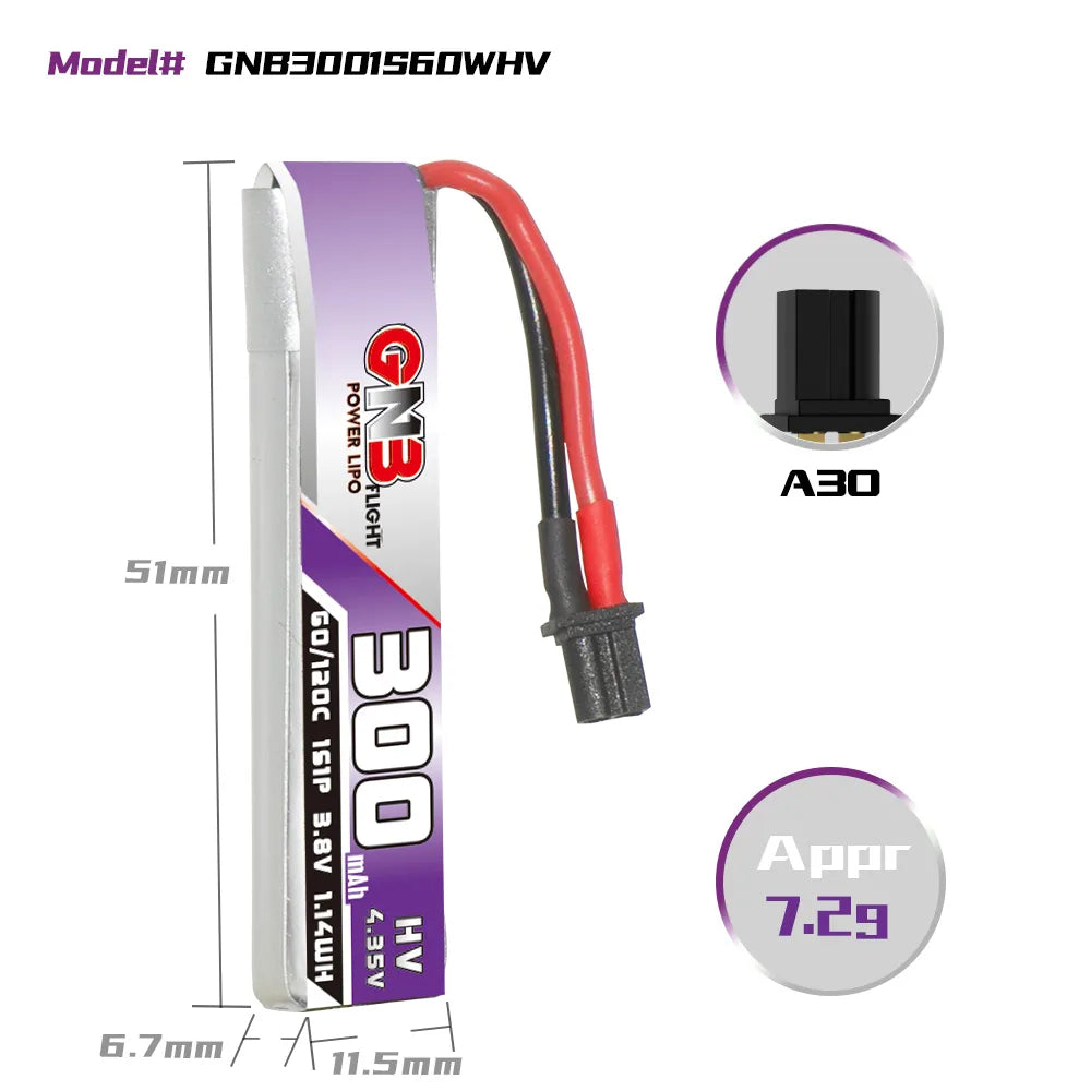 GAONENG GNB 1S 3.8V 300mAh 60C A30 Cabled LiPo Battery Pack of 4 [DG] - Hot Deal!