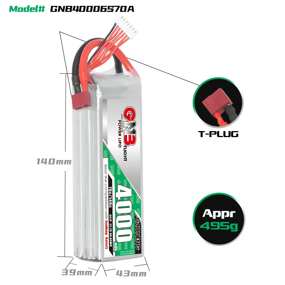 GAONENG GNB 6S 22.2V 4000mAh 70C LiPo Battery with T-PLUG - Great Deal!