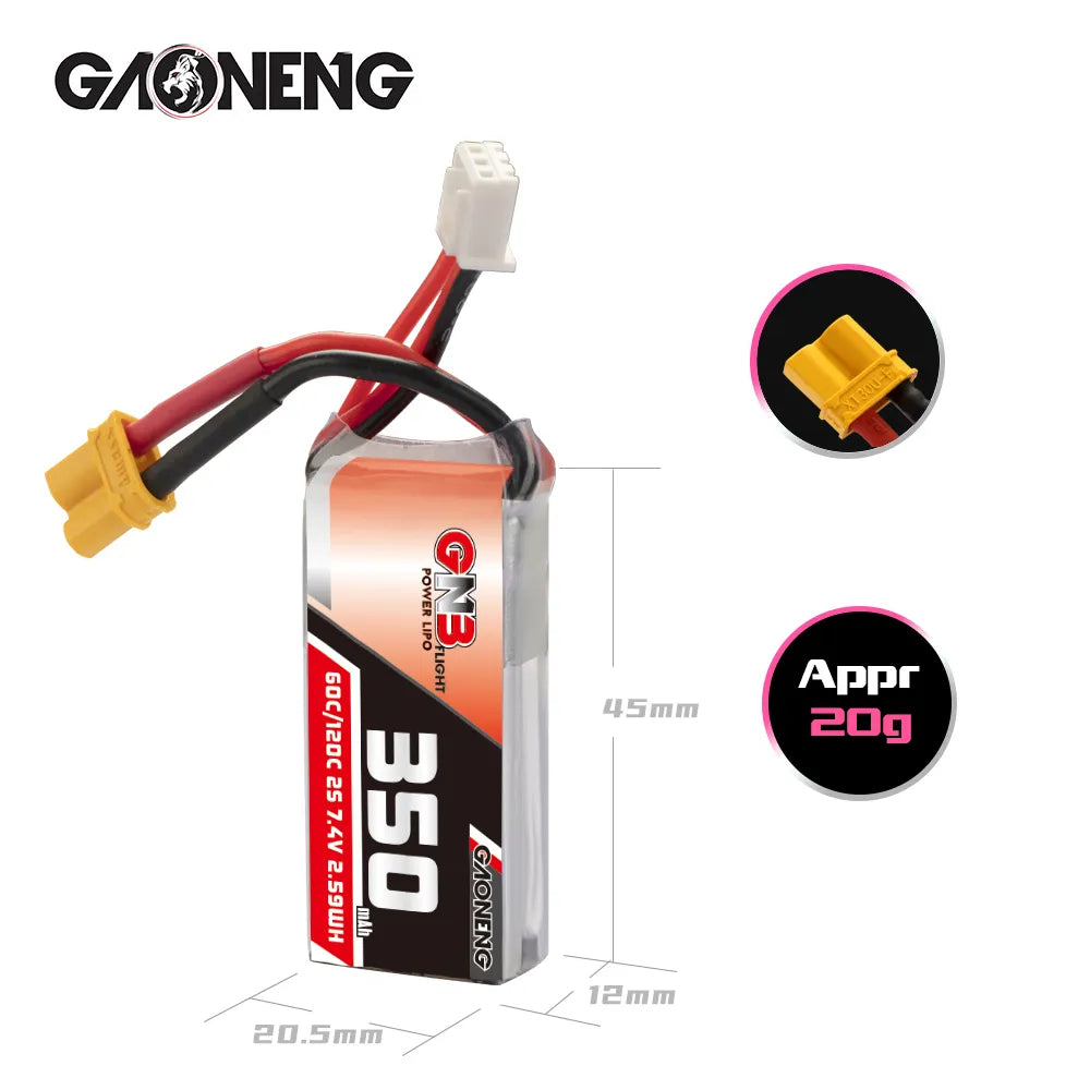 High - Energy GAONENG 7.4V 350mAh 60C 2S LiPo Battery with XT30 Connector [DG]