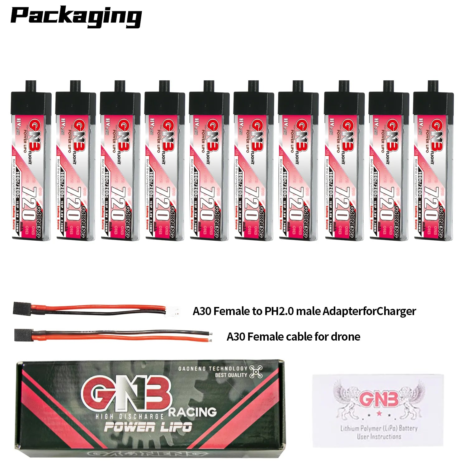 GAONENG GNB High-Voltage 1S 3.8V 720mAh 100C A30 Plastic Head LiPo Battery - Ideal for FPV Drones