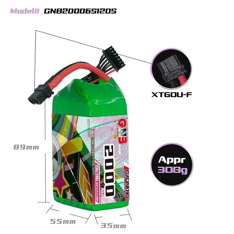Hot Deal! GAONENG GNB 6S 22.2V 2000mAh 120C XT60 LiPo Battery Pack of 2