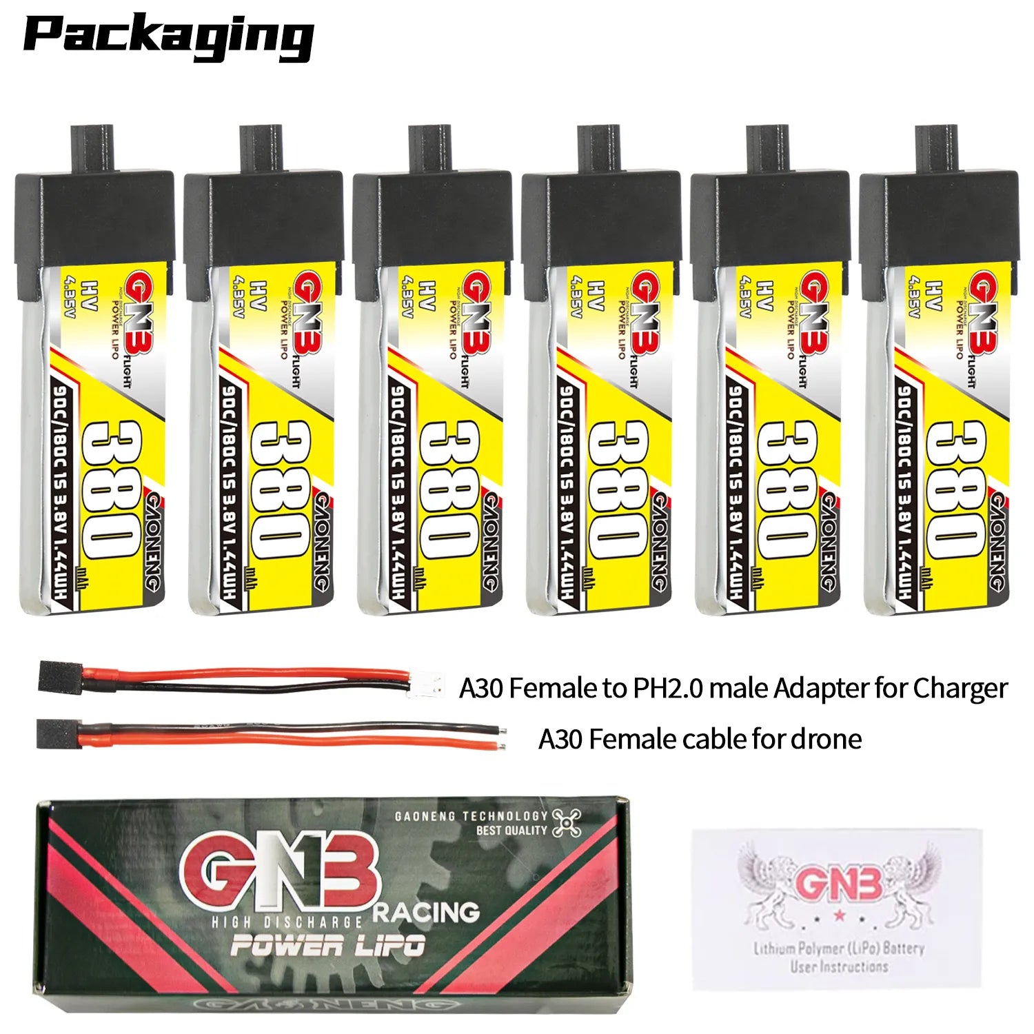 High - Performance GAONENG GNB 1S 3.8V 380mAh 90C A30 Plastic - Head LiPo Battery