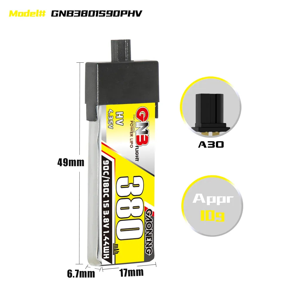 High - Performance GAONENG GNB 1S 3.8V 380mAh 90C A30 Plastic - Head LiPo Battery
