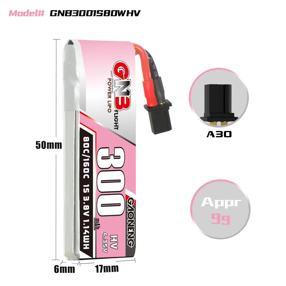 Hot Sale GAONENG GNB High-Voltage 1S 3.8V 300mAh 80C A30 Cabled LiPo Battery