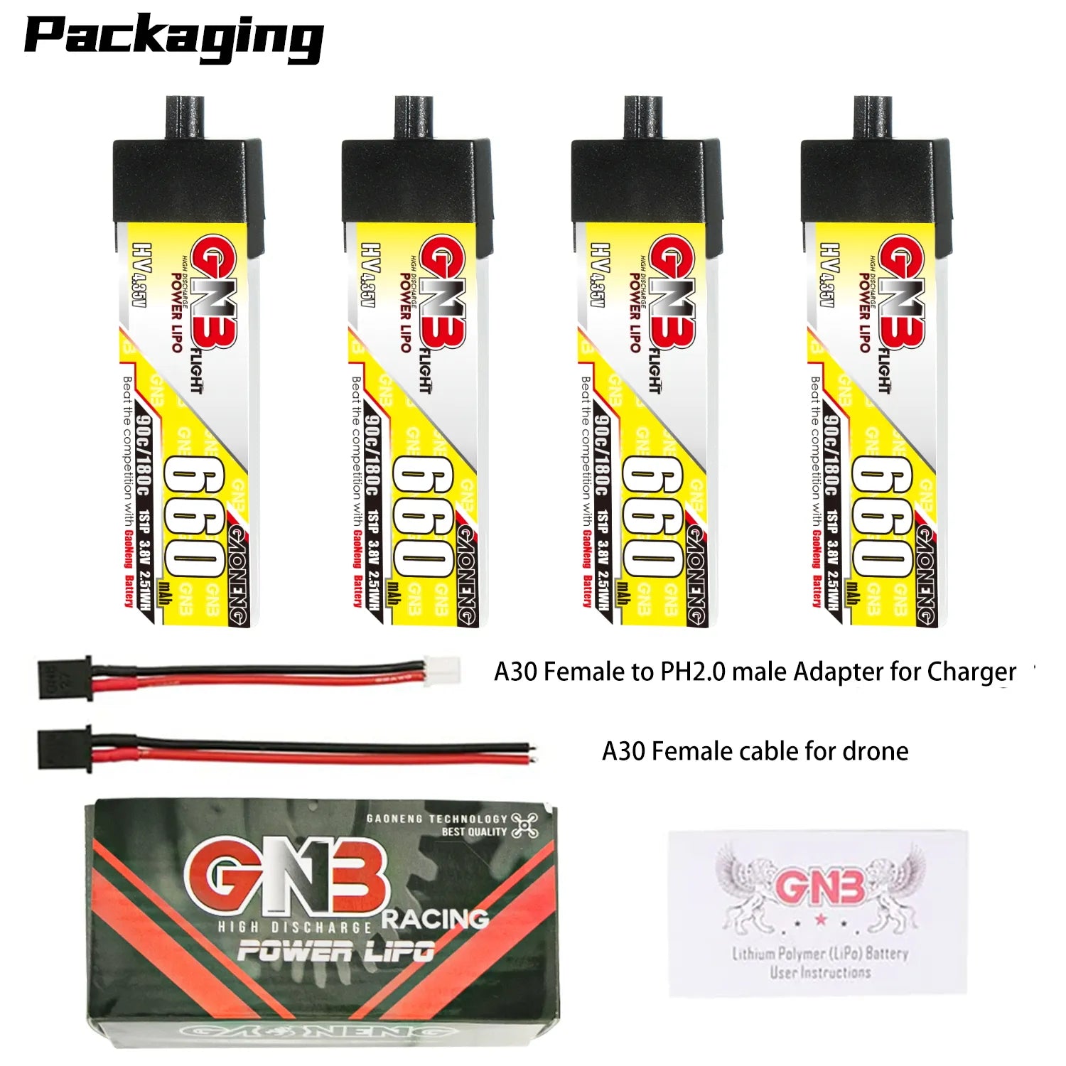 Hot Sale! GAONENG GNB 3.8V 660mAh 90C 1S LiHV A30 Plastic Head LiPo Battery [DG]