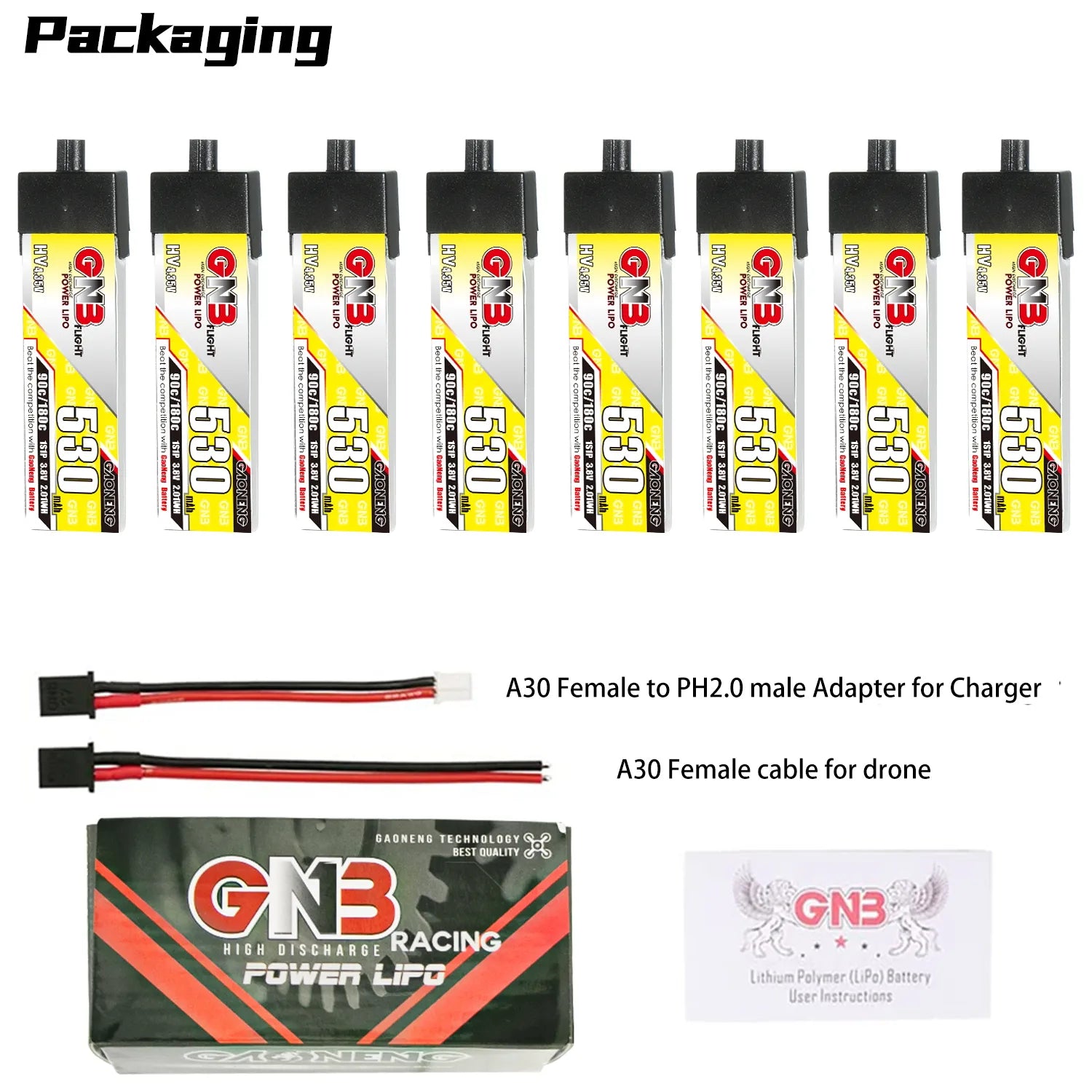Hot Sale GAONENG GNB 1S 3.8V 530mAh 90C A30 Plastic Head LiPo Battery for FPV Drones