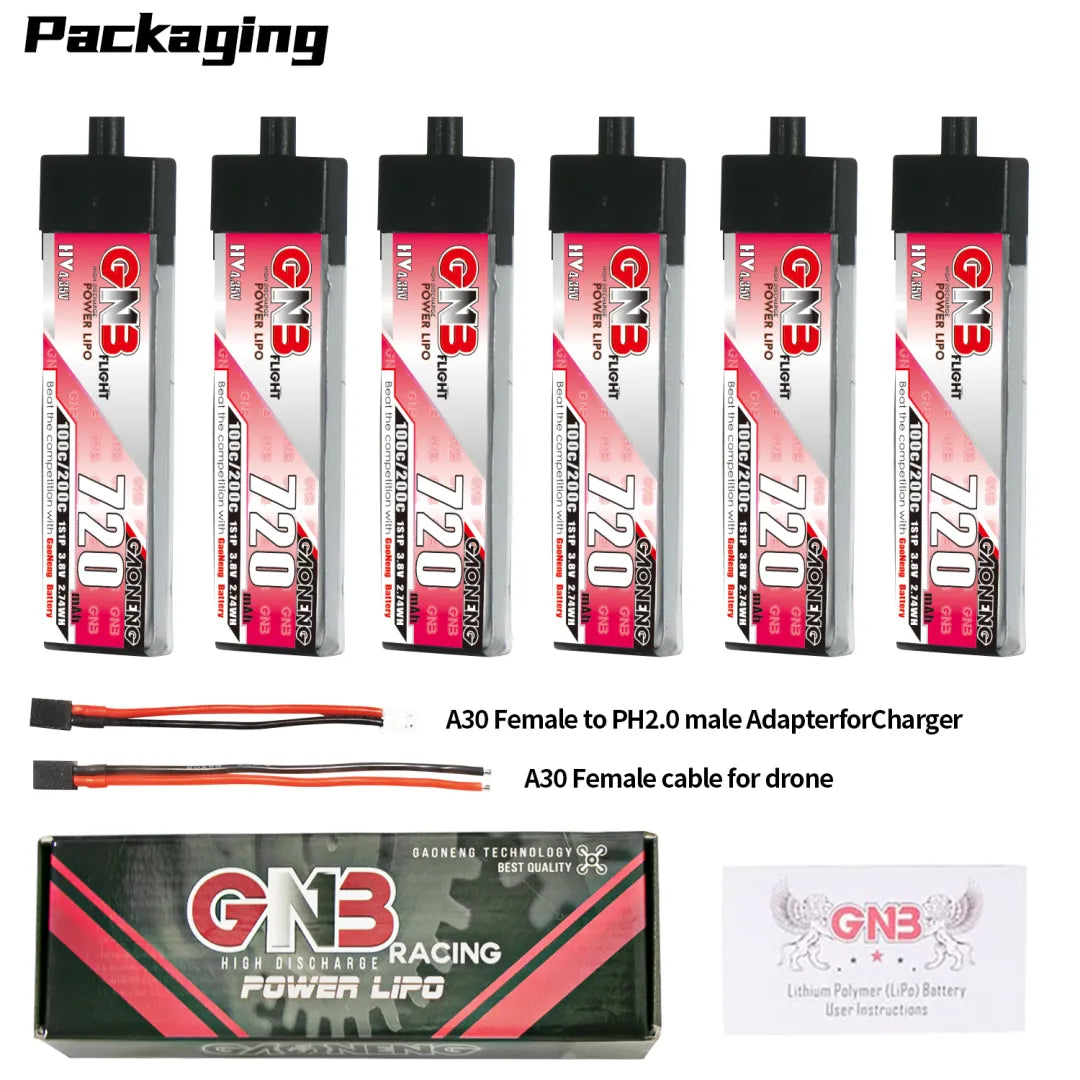GAONENG GNB High-Voltage 1S 3.8V 720mAh 100C A30 Plastic Head LiPo Battery - Ideal for FPV Drones