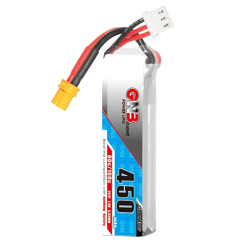 GAONENG High - Performance 7.4V 450mAh 80C XT30 2S Long - Type LiPo Battery