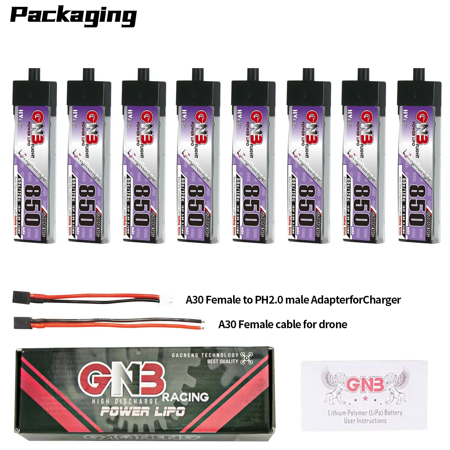 GAONENG GNB High - Voltage 1S 3.8V 850mAh 60C A30 Plastic Head Long - Range LiPo Battery [DG]