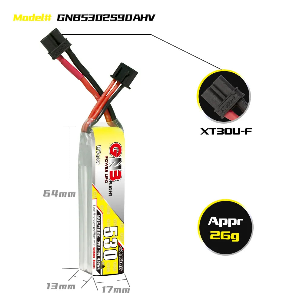 GAONENG High - Performance 7.6V 530mAh 90C XT30 2S LiHV Long - Type LiPo Battery [DG]