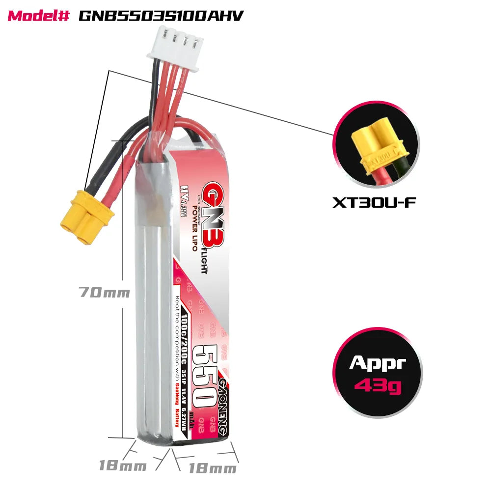 GAONENG GNB 11.4V 550mAh 100C XT30 3S LiHV Long - Type LiPo Battery [DG]