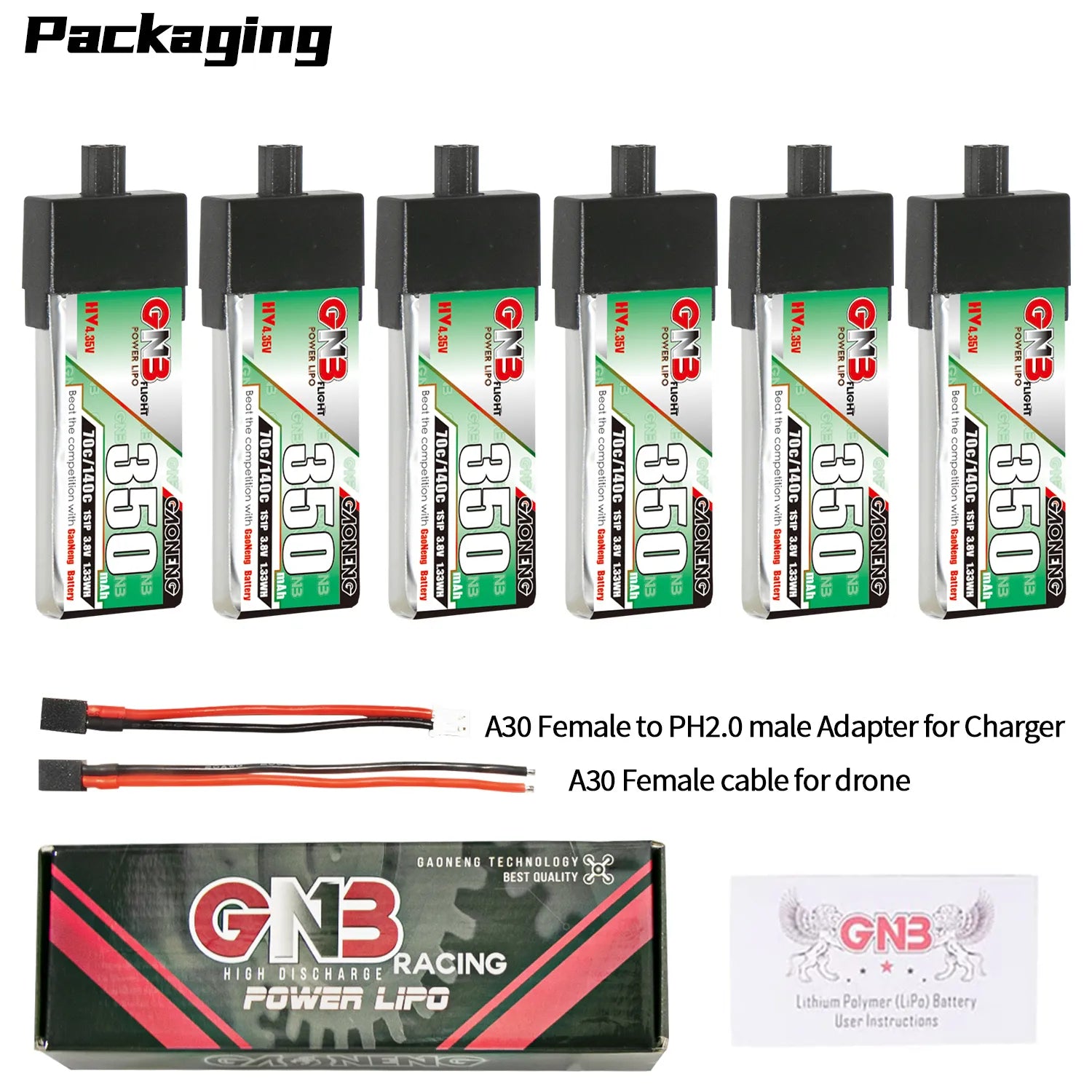 GAONENG GNB High-Voltage 1S 3.8V 350mAh 70C A30 Plastic Head LiPo Battery