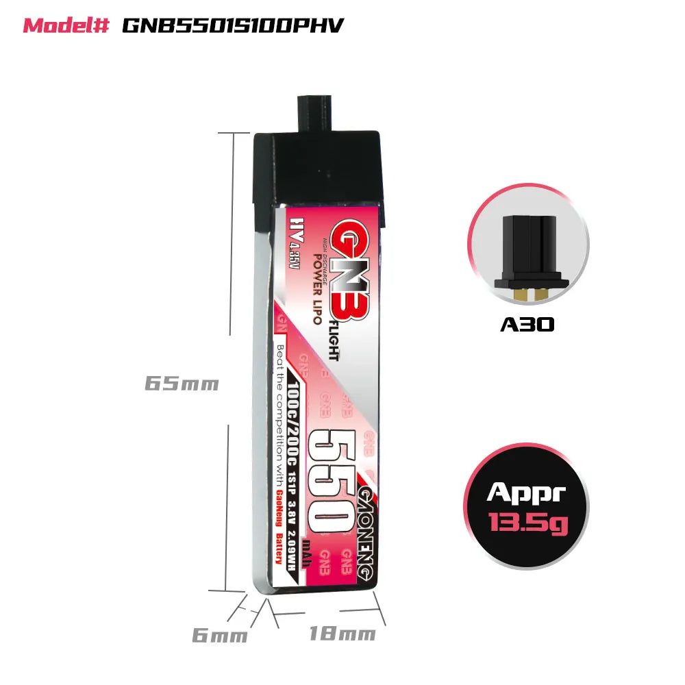 Hot Sale! GAONENG GNB 1S 3.8V 550mAh 100C A30 Plastic Head LiPo Battery for FPV Drones