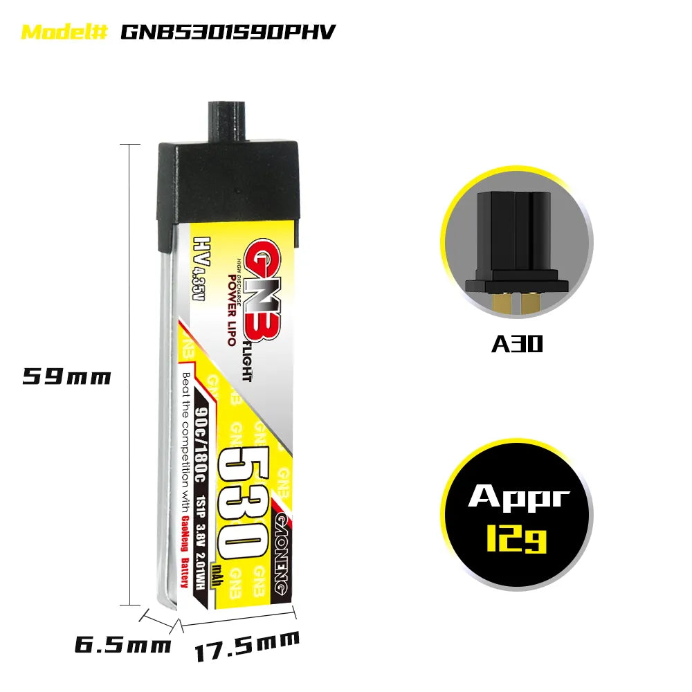 Hot Sale GAONENG GNB 1S 3.8V 530mAh 90C A30 Plastic Head LiPo Battery for FPV Drones