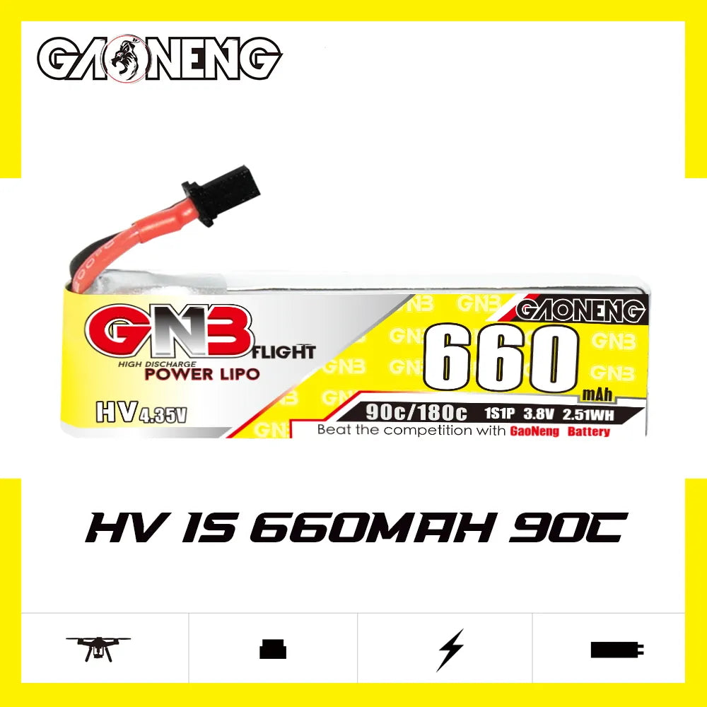 Hot Sale! GAONENG GNB 3.8V 660mAh 90C 1S LiHV A30 Cabled LiPo Battery