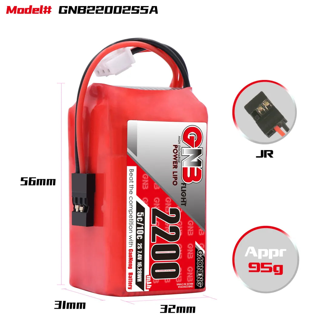 GAONENG 7.4V 2200mAh 5C LiPo Battery with JR Plug for TX and RX