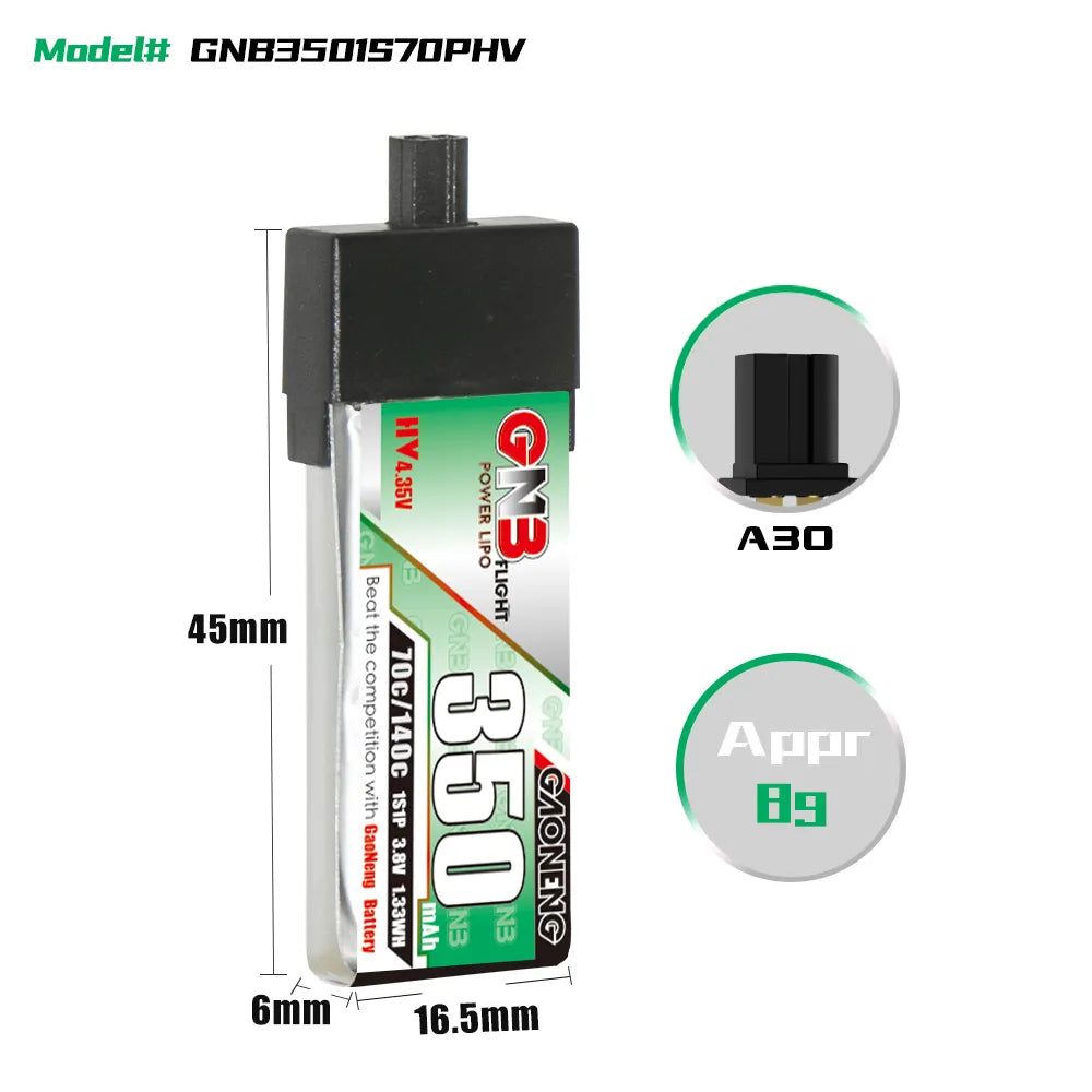 GAONENG GNB High-Voltage 1S 3.8V 350mAh 70C A30 Plastic Head LiPo Battery