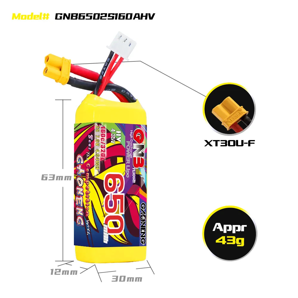 Hot Sale GAONENG 2S 7.6V 650mAh 160C XT30 LiHV LiPo Battery for RC Models