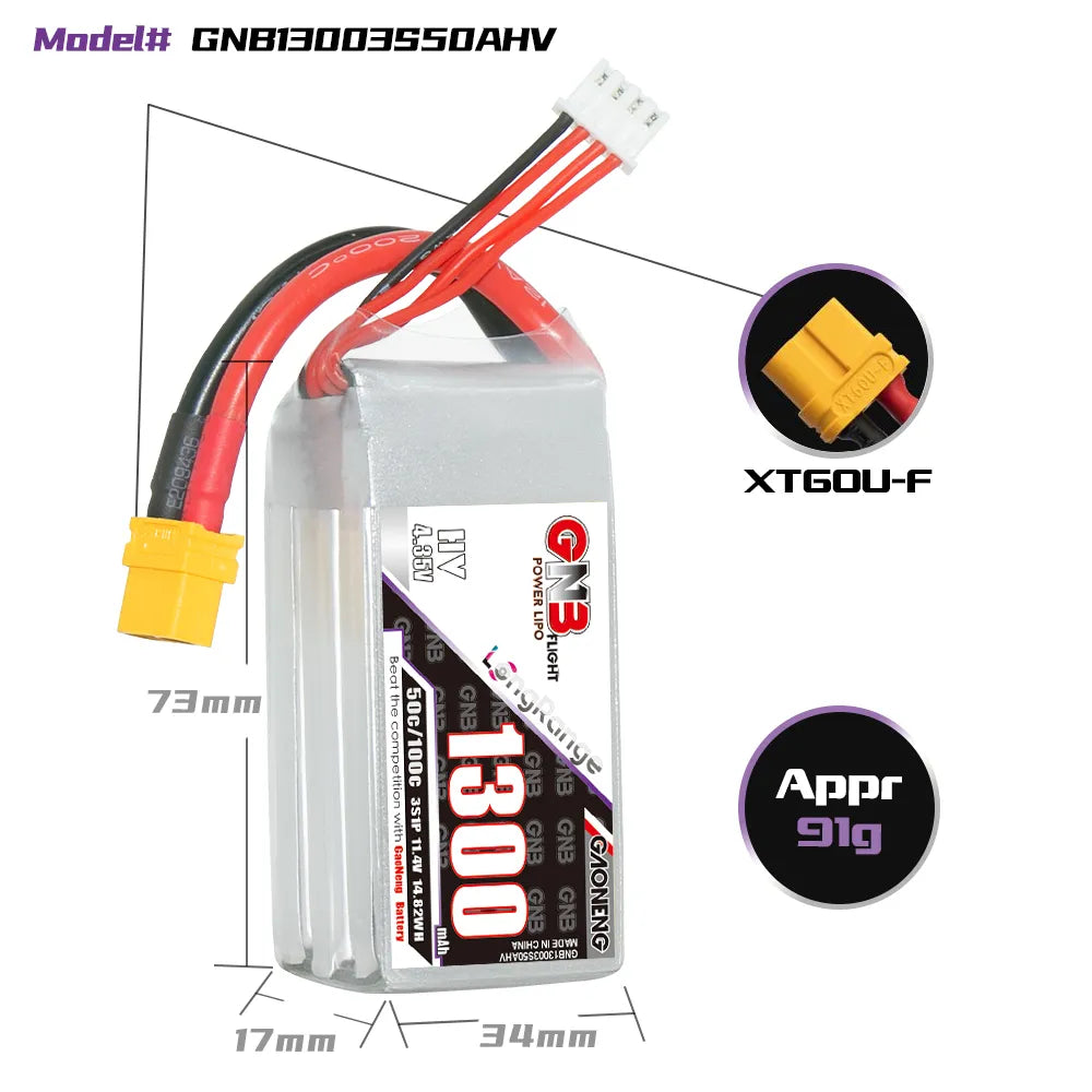 GAONENG GNB High-Voltage 3S 11.4V 1300mAh 50C LiPo Battery with XT60 Connector