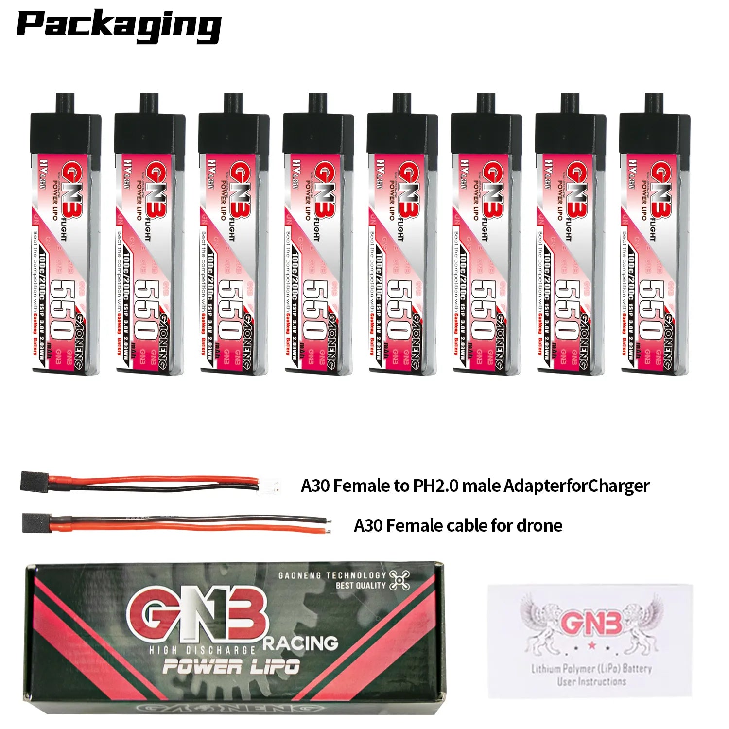 Hot Sale! GAONENG GNB 1S 3.8V 550mAh 100C A30 Plastic Head LiPo Battery for FPV Drones