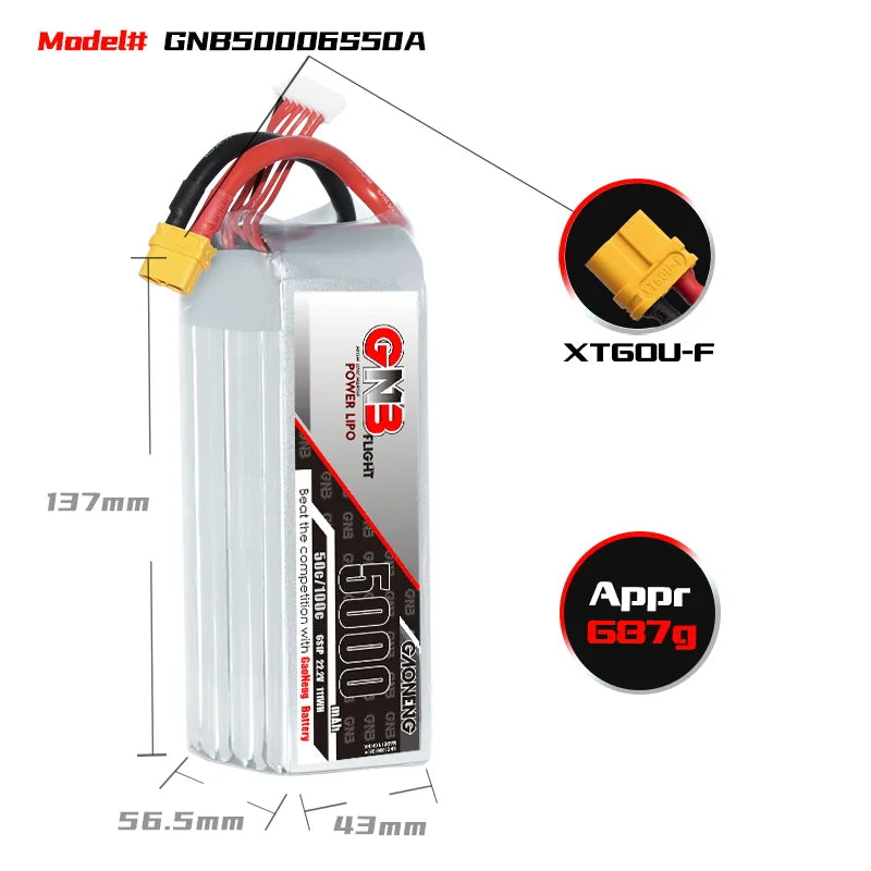 GAONENG GNB 6S 22.2V 5000mAh 50C XT60 LiPo Battery for TBS Mojito
