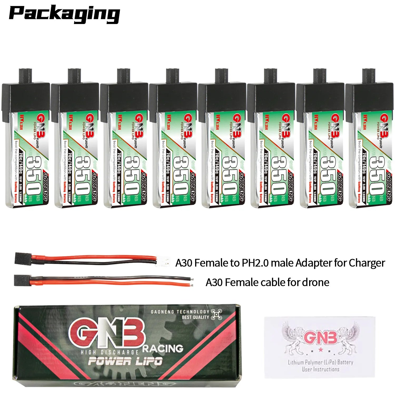 GAONENG GNB High-Voltage 1S 3.8V 350mAh 70C A30 Plastic Head LiPo Battery