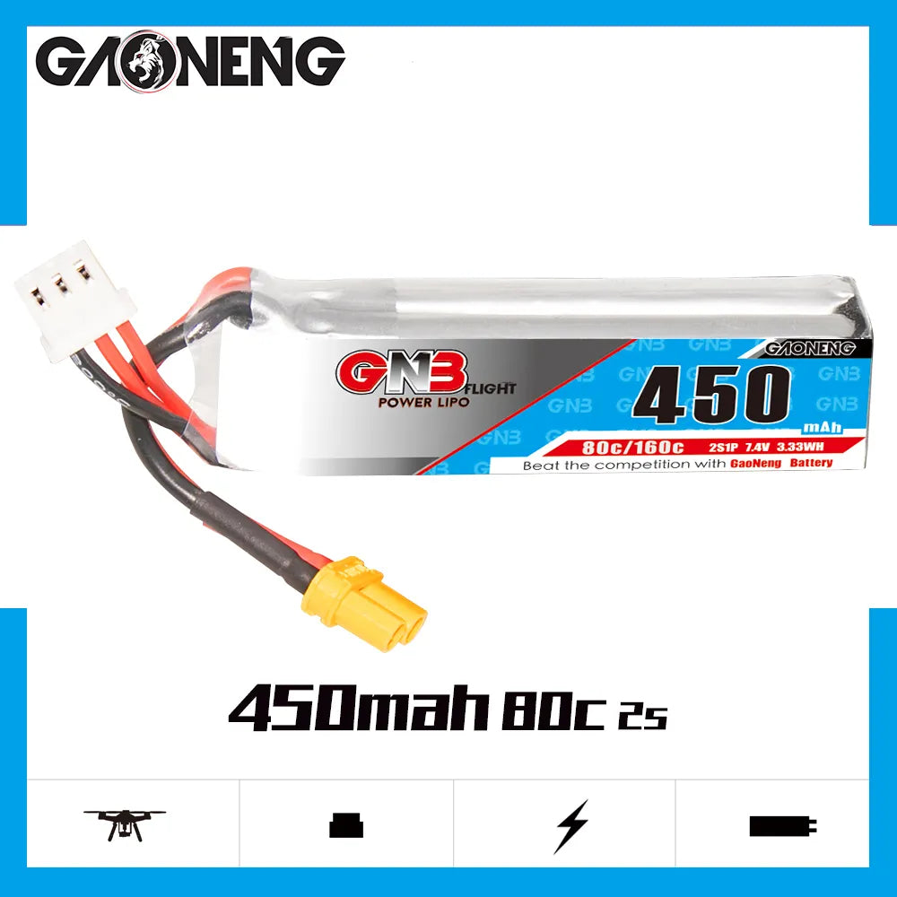 GAONENG High - Performance 7.4V 450mAh 80C XT30 2S Long - Type LiPo Battery