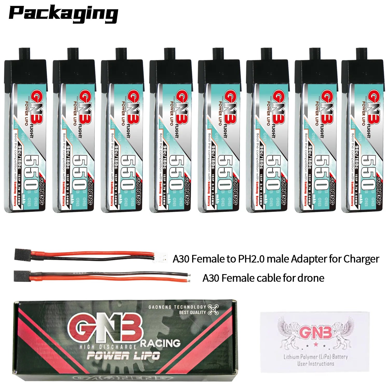 GAONENG GNB 1S 3.7V 550mAh 90C A30 Plastic Head LiPo Battery 4pc - Hot Deal!