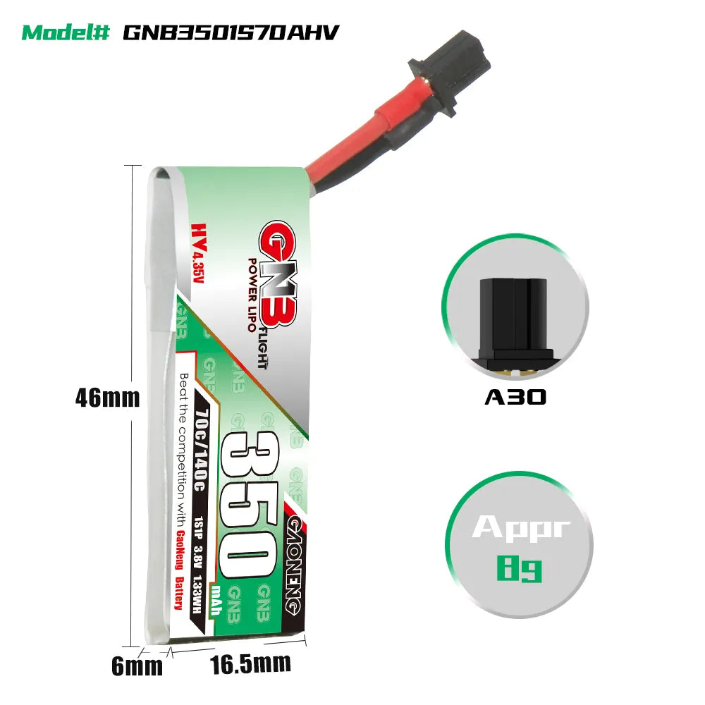 Hot Deal! GAONENG GNB 1S 3.8V 350mAh 70C A30 Cabled LiPo Battery