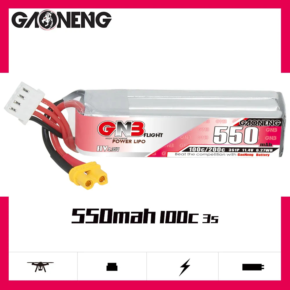GAONENG GNB 11.4V 550mAh 100C XT30 3S LiHV Long - Type LiPo Battery [DG]