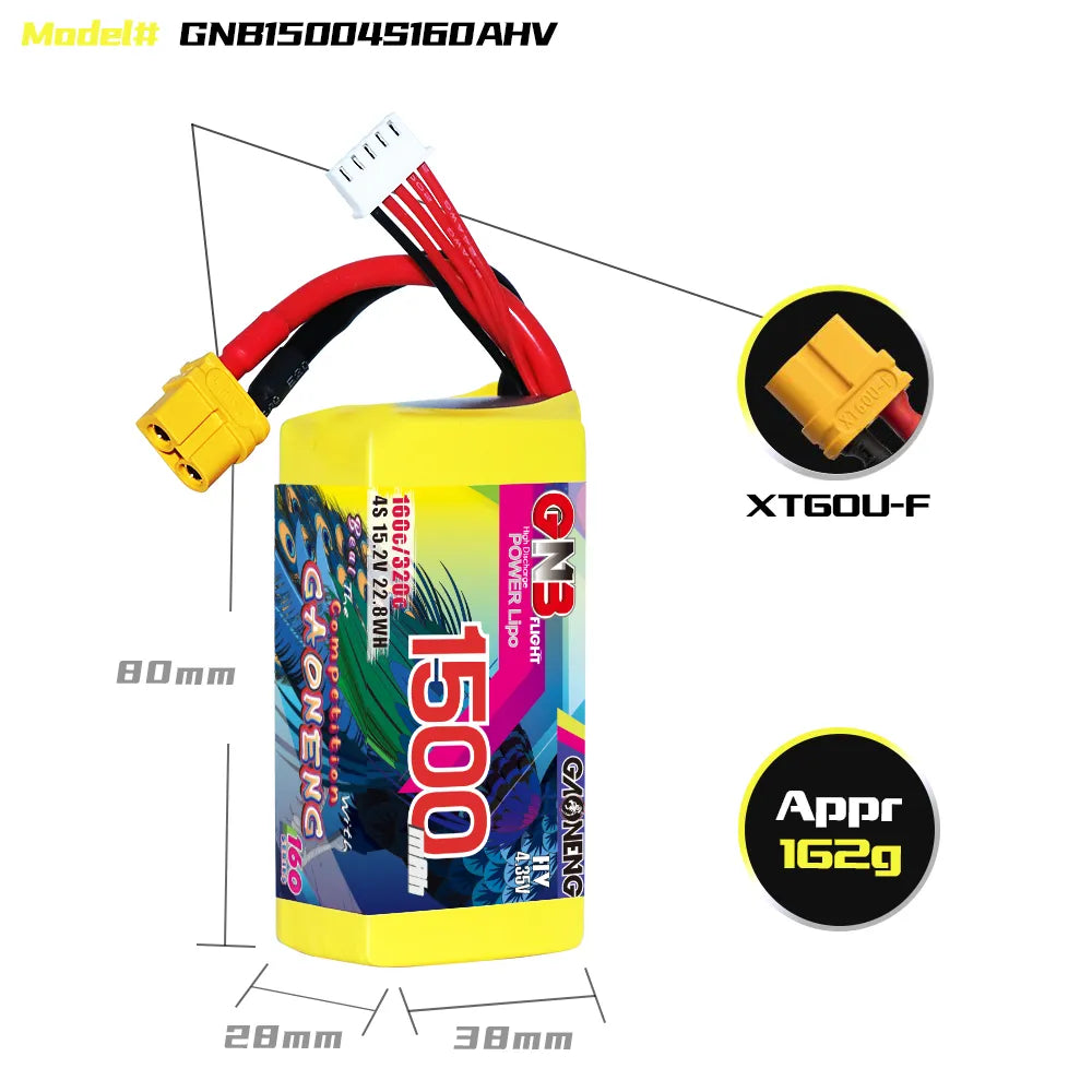 Hot Sale GAONENG GNB 1500mAh 160C XT60 4S 15.2V LiHV LiPo Battery for Long Range