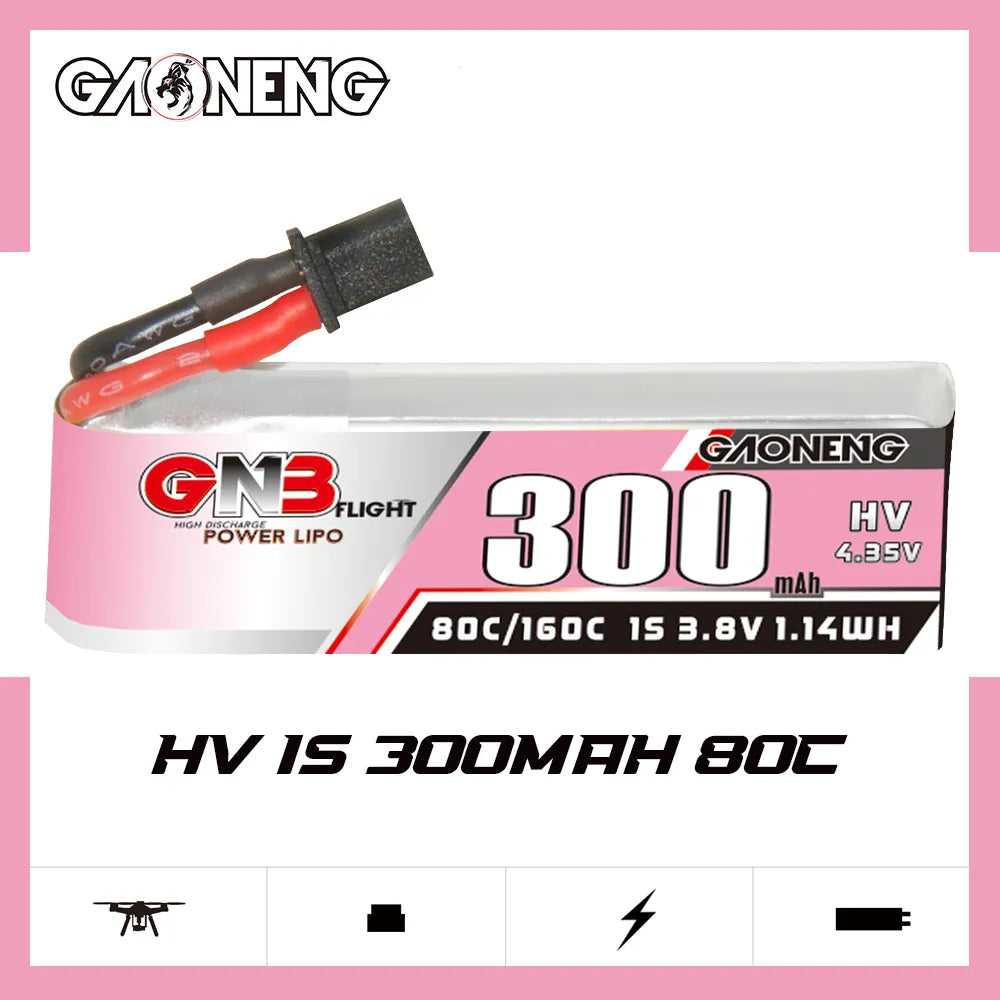 Hot Sale GAONENG GNB High-Voltage 1S 3.8V 300mAh 80C A30 Cabled LiPo Battery