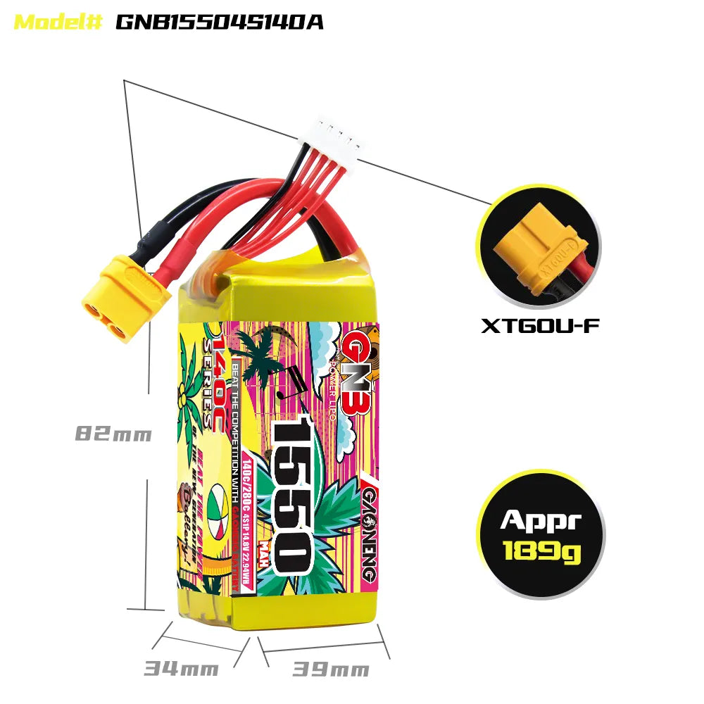 GAONENG High - Performance 14.8V 1550mAh 140C XT60 4S LiPo Battery for FPV Drones and More