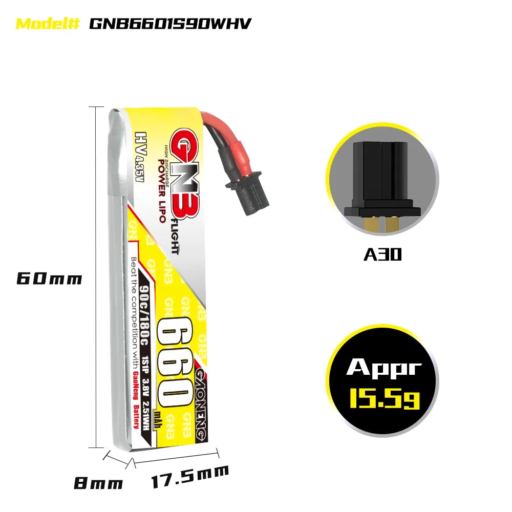 Hot Sale! GAONENG GNB 3.8V 660mAh 90C 1S LiHV A30 Cabled LiPo Battery