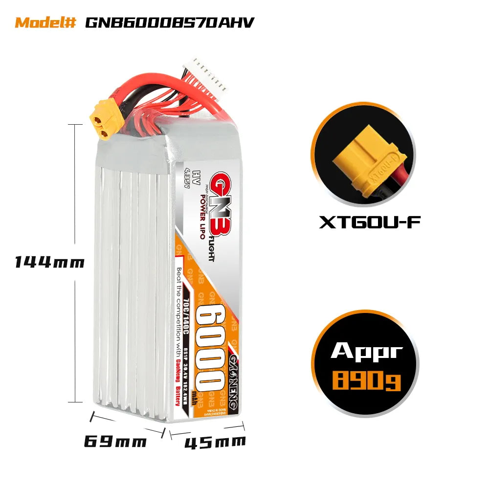 GAONENG High-Voltage 8S 30.4V 6000mAh 70C LiPo Battery with XT60 for TBS Mojito